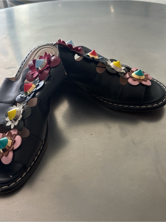 Fendi Shoes - Fendi Black Leather Slide Mules with Multicolor Floral Studs